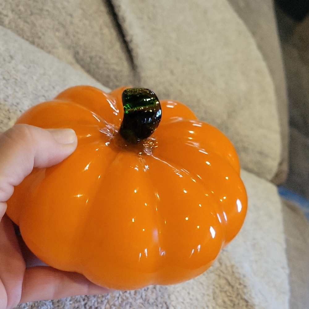 5 For 25.00/Blown Glass Orange and Green Pumpkin Decor Accent